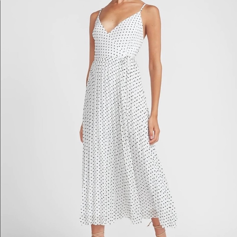Express polka dot pleated wrap midi dress